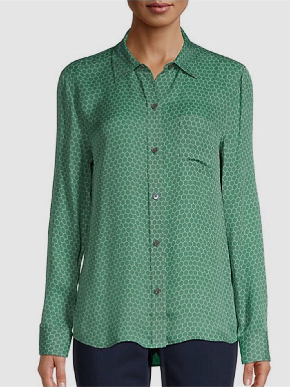 Equipment Sz XS Brett Silk Shirt in Jade Hexagon Button-Up Blouse Flawed | NWT